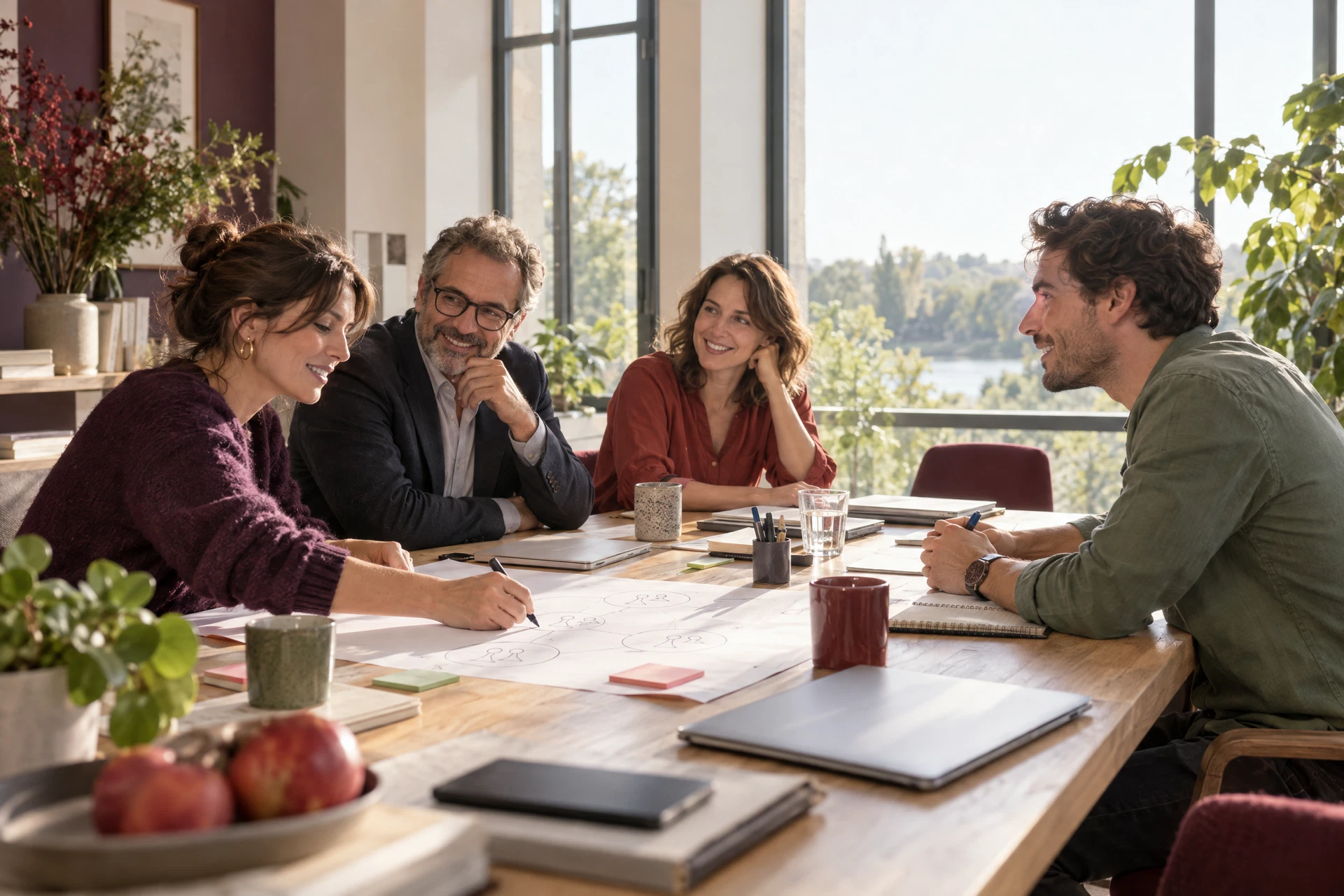 Une équipe échange autour d’un plan de travail et construit une solution ensemble